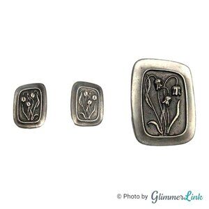 VTG 1950s R. Tennesmed Sweden Pewter Floral Brooch & Clip on Earrings